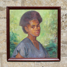 Load image into Gallery viewer, oil-on-canvas-portrait-fijian-lady-by-australian-artist-mary-edwards-signed-dated-bottom-right-portrait-in-three-quarter-view-young-fijian-woman-lady-wearing-blue-v-neck-top-short-sleeves-bright-green-background-foliage-facial-details-fabric-folds-to-sleeve-particularly-good-bright-colourful-skillfully-painted-portrait-educated-east-sydney-technical-college-exhibited-royal-art-society-finalist-archibald-prize-australian-watercolour-institute-mary-edwell-burke-lived-fiji-for-sale-art-damon-blandford-antiques
