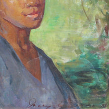 Load image into Gallery viewer, oil-on-canvas-portrait-fijian-lady-by-australian-artist-mary-edwards-signed-dated-bottom-right-portrait-in-three-quarter-view-young-fijian-woman-lady-wearing-blue-v-neck-top-short-sleeves-bright-green-background-foliage-facial-details-fabric-folds-to-sleeve-particularly-good-bright-colourful-skillfully-painted-portrait-educated-east-sydney-technical-college-exhibited-royal-art-society-finalist-archibald-prize-australian-watercolour-institute-mary-edwell-burke-lived-fiji-for-sale-art-damon-blandford-antiques
