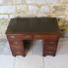 Load image into Gallery viewer, good-19th-century-anglo-chinese-campaign-desk-excellent-colour-hard-wood-teak-compact-heavier-green-leather-skiver-tooled-gilt-decoration-moulded-top-drawers-pedestals-cut-line-mould-fitted-brass-campaign-handles-paneled-back-raised-field-chinese-form-bun-feet-excellent-condition-patina-superb-incredibly-useful-compact-desk-for-sale-damon-blandford-antiques-stow-on-the-wold-cotswolds-home-office-working
