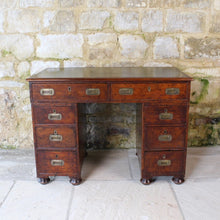 Load image into Gallery viewer, good-19th-century-anglo-chinese-campaign-desk-excellent-colour-hard-wood-teak-compact-heavier-green-leather-skiver-tooled-gilt-decoration-moulded-top-drawers-pedestals-cut-line-mould-fitted-brass-campaign-handles-paneled-back-raised-field-chinese-form-bun-feet-excellent-condition-patina-superb-incredibly-useful-compact-desk-for-sale-damon-blandford-antiques-stow-on-the-wold-cotswolds-home-office-working
