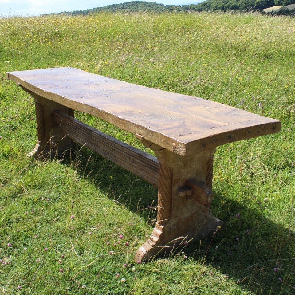 exceptionally-good-18th-century-french-refectory-table-oak-well-figured-single-plank-top-breadboard-ends-blacksmith-forged-iron-nails-trestle-style-supports-particularly-attractive-hand-carved-spiral-details-supports-united-by-deep-reeded-stretcher-wonderful-dinning-preparation-console-table-contemporary-or-period-setting-for-sale-damon-blandford-antiques-cotswolds