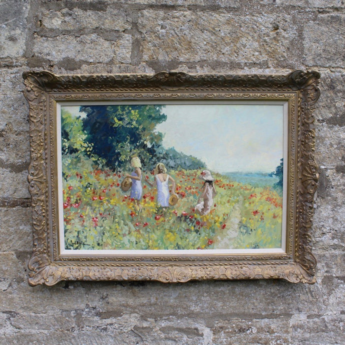 stunning-impressionist-style-painting-three-girls-in-poppy-field-artist-paul-brown-signed-bottom-left-exhibits-london-chelsea-mayfair-significant-following-exceptionally-good-light-colour-evokes-warmth-happiness-large-excellent-condition-framed-quality-ornate-gilt-for-sale-damon-blandford-antiques-art-stow-on-the-wold-stroud-cotswolds-interior-decoration