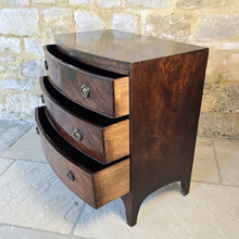 Load image into Gallery viewer, Excellent-example-late-18th-early-19th-century-mahogany-bow-fronted-chest-three-graduated-drawers-wonderful-colour-patination-loved-generation-family-central-london-chelsea-kings-road-fulham-alton-hampshire-war-bonnett-elegant-excellent-condition-for-sale-damon-blandford-antiques-stow-on-the-wold-cotswolds-antique-storage-furniture
