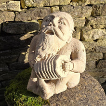 Load image into Gallery viewer, Wonderfully-detailed-carved-limestone-musician-gnome-large-scale-detailed-carving-bearded-gnome-seated-position-head-back-full-song-singing-playing-squeeze-box-concertina-inside-outside-mythical-protector-natural-environment-garden-folklore dating back-english-circa-1900-ornament-for-sale-damon-blandford-antiques-stow-on-the-wold-cotswolds
