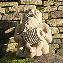 Load image into Gallery viewer, Wonderfully-detailed-carved-limestone-musician-gnome-large-scale-detailed-carving-bearded-gnome-seated-position-head-back-full-song-singing-playing-squeeze-box-concertina-inside-outside-mythical-protector-natural-environment-garden-folklore dating back-english-circa-1900-ornament-for-sale-damon-blandford-antiques-stow-on-the-wold-cotswolds
