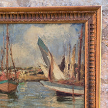 Load image into Gallery viewer, good-late-19th-century-french-impressionist-oil-painting-on-canvas-from-private-london-collection-natural-timed-frame-costal-landscape-sail-boats-foreground-horizontal-land-mass-vertical-masts-sail-boats-depth-colourful-painting-good-use-of-light-unsigned-skilled-hand-for-sale-damon-blandford-antiques-cotswolds
