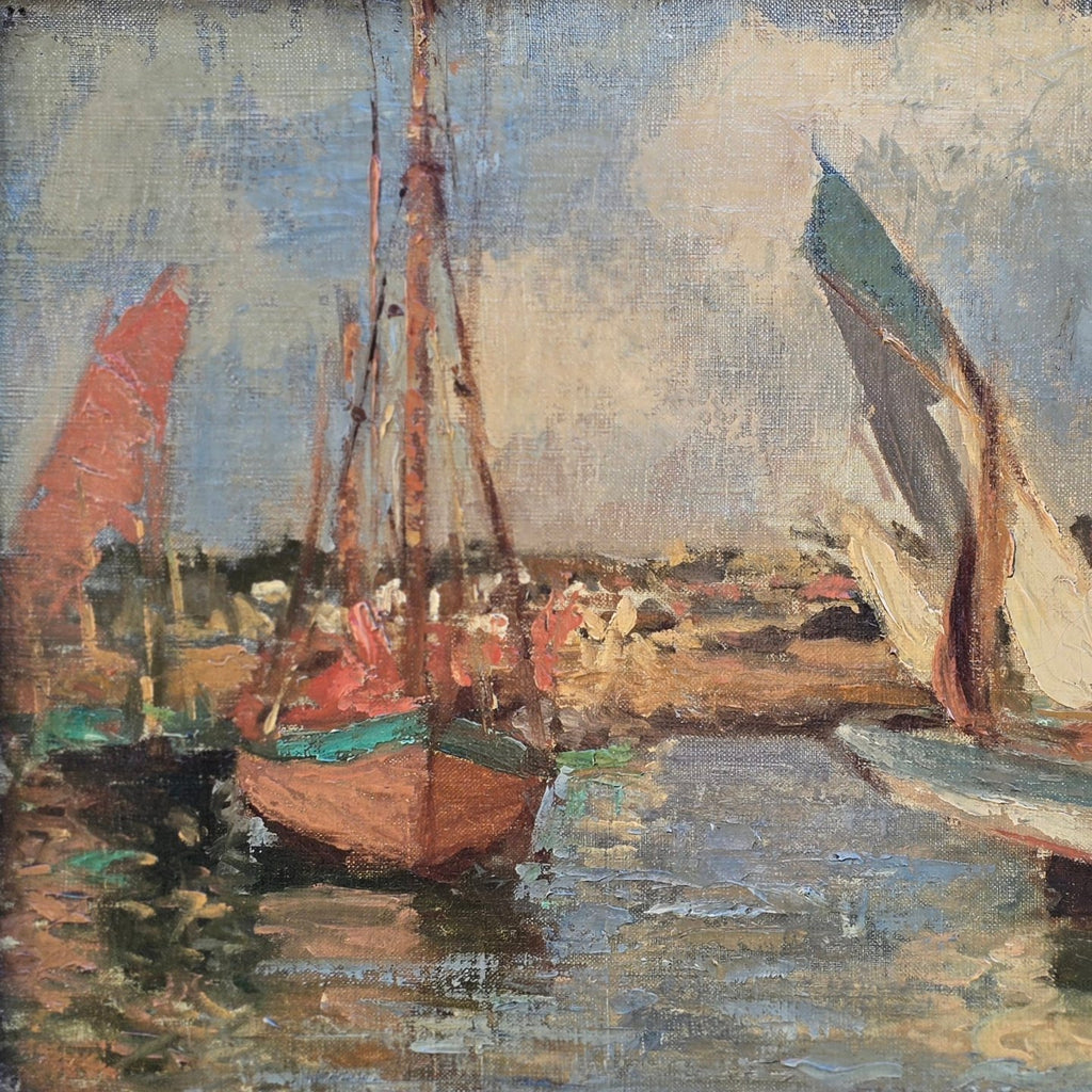 good-late-19th-century-french-impressionist-oil-painting-on-canvas-from-private-london-collection-natural-timed-frame-costal-landscape-sail-boats-foreground-horizontal-land-mass-vertical-masts-sail-boats-depth-colourful-painting-good-use-of-light-unsigned-skilled-hand-for-sale-damon-blandford-antiques-cotswolds