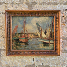 Load image into Gallery viewer, good-late-19th-century-french-impressionist-oil-painting-on-canvas-from-private-london-collection-natural-timed-frame-costal-landscape-sail-boats-foreground-horizontal-land-mass-vertical-masts-sail-boats-depth-colourful-painting-good-use-of-light-unsigned-skilled-hand-for-sale-damon-blandford-antiques-cotswolds
