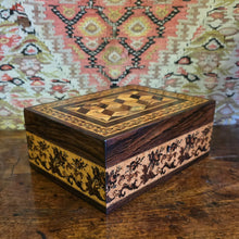 Load image into Gallery viewer, Fine-tunbridge-ware-box-leading-maker-edmund-nye-excellent-original-condition-superb-example-geometric-tumbling-cube-pattern-design-lid-repeating-floral-sprays-patterned-lining-paper-makers-label-underside-great-exhibition-1851-for-sale-damon-blandford-antiques-stow-on-the-wold-cotswolds-inlaid-mico-mosaic
