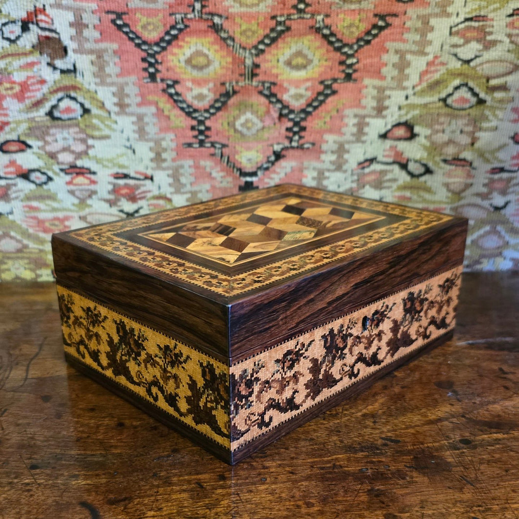 Fine-tunbridge-ware-box-leading-maker-edmund-nye-excellent-original-condition-superb-example-geometric-tumbling-cube-pattern-design-lid-repeating-floral-sprays-patterned-lining-paper-makers-label-underside-great-exhibition-1851-for-sale-damon-blandford-antiques-stow-on-the-wold-cotswolds-inlaid-mico-mosaic