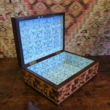 Load image into Gallery viewer, Fine-tunbridge-ware-box-leading-maker-edmund-nye-excellent-original-condition-superb-example-geometric-tumbling-cube-pattern-design-lid-repeating-floral-sprays-patterned-lining-paper-makers-label-underside-great-exhibition-1851-for-sale-damon-blandford-antiques-stow-on-the-wold-cotswolds-inlaid-mico-mosaic
