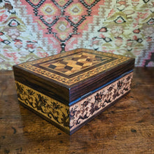 Load image into Gallery viewer, Fine-tunbridge-ware-box-leading-maker-edmund-nye-excellent-original-condition-superb-example-geometric-tumbling-cube-pattern-design-lid-repeating-floral-sprays-patterned-lining-paper-makers-label-underside-great-exhibition-1851-for-sale-damon-blandford-antiques-stow-on-the-wold-cotswolds-inlaid-mico-mosaic
