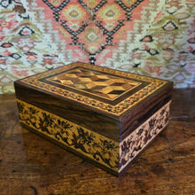 Load image into Gallery viewer, Fine-tunbridge-ware-box-leading-maker-edmund-nye-excellent-original-condition-superb-example-geometric-tumbling-cube-pattern-design-lid-repeating-floral-sprays-patterned-lining-paper-makers-label-underside-great-exhibition-1851-for-sale-damon-blandford-antiques-stow-on-the-wold-cotswolds-inlaid-mico-mosaic
