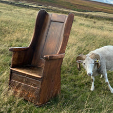 Load image into Gallery viewer, good-example-vernacular-lambing-chair-painted-pine-boarded-paneled-back-shaped-crest-rail-side-wings-generous-shaped-arm-supports-boarded-seat-drawer-under-seat-storage-shepherds-lambing-raked-back-rests-comfortable-side-wings-lancashire-circa-1800-late-C18th-earlyC19th-century-for-sale-damon-blandford-antiques-stow-on-the-wold-cotswolds
