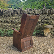 Load image into Gallery viewer, good-example-vernacular-lambing-chair-painted-pine-boarded-paneled-back-shaped-crest-rail-side-wings-generous-shaped-arm-supports-boarded-seat-drawer-under-seat-storage-shepherds-lambing-raked-back-rests-comfortable-side-wings-lancashire-circa-1800-late-C18th-earlyC19th-century-for-sale-damon-blandford-antiques-stow-on-the-wold-cotswolds
