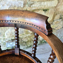 Load image into Gallery viewer, 19th-century-bow-back-armchair-attributed-architect-designer-Edward-William-Godwin-elm-bobbin-turned-supports-well-figured-single-plank-circular-saddled-seat-slab-out-swept-legs-turned-cross-stretchers-centrallyleg-Ruskinian-Gothic-Northampton-Guildhall-excellent-colour-condition-desk-chaie-english-circa-1870-for-sale-damon-blandford-antiques-cotswolds-stow-on-the-wold
