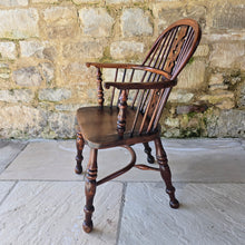 Load image into Gallery viewer, stunning-best-low-yew-wood-windsor-arm-chair-by-allsop-worksop-nottinghamshire-well-figured-burr-yew-christmas-tree-splat-under-cut-arm-bow-well-turned-legs-united-by-crinoline-stretcher-excellent-colour-very-comfortable-rare-four-spindles-for-sale-damon-blandford-antiques-cotswolds-antique-furniture
