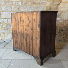 Load image into Gallery viewer, good-late-18th-century-oak-chest-of-drawers-constructed-from-well-figured-timbers-two-short-three-long-graduated-drawers-ovolo-moulding-original-brass-drop-handles-bracket-feet-good-colour-excellent-restored-condition-for-sale-damon-blandford-antiques-stroud-cotswolds-antique-furniture-storage
