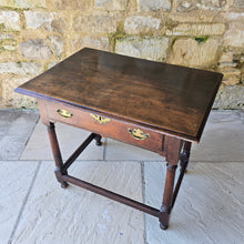 Load image into Gallery viewer, early-george-II-oak-side-table-exceptionally-good-colour-condition-overhung- top-ogee-moulding above-full-width-frieze-drawer-brass-handles-escutcheon-plate-well-turned-gun-barrel-legs-ring-turned-details-feet-outward-edged-stretches-english-circa-1730-for-sale-damon-blandford-antiques-stow-on-the-wold-cotswolds
