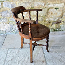 Load image into Gallery viewer, 19th-century-bow-back-armchair-attributed-architect-designer-Edward-William-Godwin-elm-bobbin-turned-supports-well-figured-single-plank-circular-saddled-seat-slab-out-swept-legs-turned-cross-stretchers-centrallyleg-Ruskinian-Gothic-Northampton-Guildhall-excellent-colour-condition-desk-chaie-english-circa-1870-for-sale-damon-blandford-antiques-cotswolds-stow-on-the-wold
