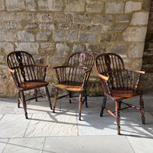 Load image into Gallery viewer, five-well-matched-windsor-armchairs-ash-splat-hoop-stick-back-central-shaped-splat-pierced-decoration-arm-bow-turned-supports-saddled-seat-turned-legs-H-shape-stretcher-very-comfortable-excellent-solid-condition-north-east-england-circa-1840-1870-function-well-as-informal-dining-chairs-for-sale-damon-blandford-antiques-stow-on-the-wold-stroud-cotswolds-antique-seating
