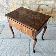 Load image into Gallery viewer, wonderful-shape-early-Georgian-oak-low-boy-top-with-moulded-edge-full-width-drawer-overlapping-ovolo-moulding-shaped-frieze-slim-tapered-cabriole-legs-elegant-useful-side-lamp-table-good-condition-provenance-vernacular-early-oak-country-for-sale-damon-blandford-antiques-stow-on-the-wold-gloucestershire
