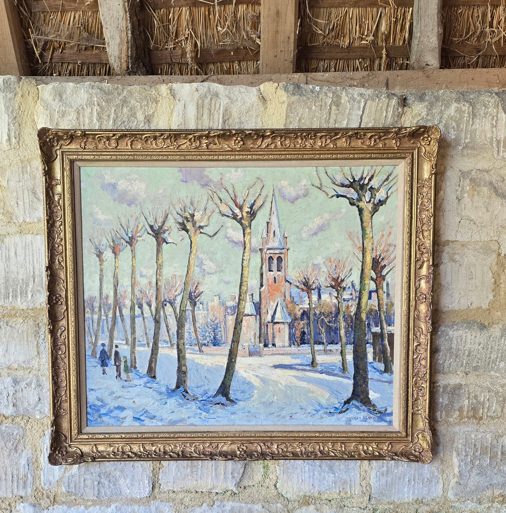 Oil-painting-on-canvas-continental-street-scene-snow-lime-trees-church-Norman-Lloyd-born-Hamilton-New-South-Wales-Australia-Sydney-School-of-Art-Europe-London-Royal Institute-of-Oil-Painters-impressionist-street-scene-Bruges-demonstrates-exceptionally-good-use-of-light-and-colour-signed-gilt-frame-antique-fine-wall-art-antiques-for-sale-damon-blandford-antiques-stow-on-the-wold-cotswolds