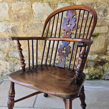 Load image into Gallery viewer, stunning-best-low-yew-wood-windsor-arm-chair-by-allsop-worksop-nottinghamshire-well-figured-burr-yew-christmas-tree-splat-under-cut-arm-bow-well-turned-legs-united-by-crinoline-stretcher-excellent-colour-very-comfortable-rare-four-spindles-for-sale-damon-blandford-antiques-cotswolds-antique-furniture
