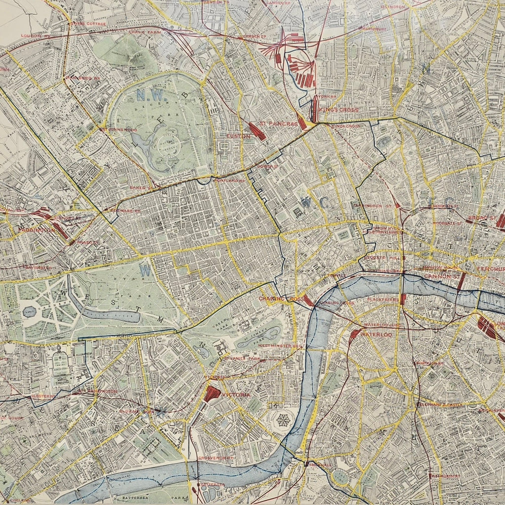 original-colour-map-central-London-by-Letts-Son-&-Co-Ltd-framed-bespoke-black-ash-frame-map-shows-train-lines-stations-postal-boundaries-parks-omnibus-tram-routes-steamboat-piers-routes-detailed-excellent-condition-for-sale-damon-blandford-antiques-stow-on-the-wold-cotswolds-maps-wall-art-decorative-antiques