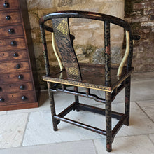 Load image into Gallery viewer, highly-decorative-chinese-ming-style-quanyi-armchair-early-C20th-continuous-crest-rail-back-splat-black-lacquer-hand-painted-decoration-dragon-phoenix-horseshoe-excellent-condition-circa-1920's-for-sale-damon-blandford-antiques-stow-on-the-wold-cotswolds-oriental-seating-chair-decorative-home
