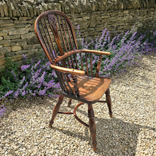Load image into Gallery viewer, Good-quality-well-proportioned-high-back-windsor-armchair-Walker-Rockley-workshop-Nottinghamshire-yew-wood-saddled-elm-seat-shaped central-splat-pierced-decoration-arm-bow-turned-supports-elm-seat-crinoline-stretcher-good-colour-excellent-condition-impressed-makers-mark-for-sale-damon-blandford-antiques-cotswolds-stow-on-the-wold-country-regional-furniture

