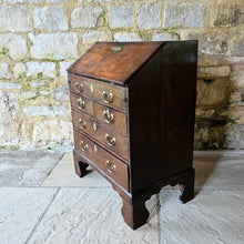 Load image into Gallery viewer, virginia-black-walnut-wonderful-small-proportions-magnificent-bureau-well-figured-fall-front-fitted-interior-drawers-pigeon-holes-storage-well-escutcheons-swan-neck-handles-bracket-feet-excellent-condition-north-america-navel-stores-act-1721-english-circa-1720s-1730s-1740s-1750s-for-sale-damon-blandford-antiques-stow-on-the-wold-cotswolds
