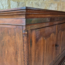 Load image into Gallery viewer, Good-well-proportioned-furniture-early19th- oak—court-cupboard-excellent-storage-top-section-canted-corners-spiral-design-flanking-ogee-panel-doors-shelf-moulded-cornice-mahogany-band-bottom-section-cock-bead-drawers-lined-pine-turned-wooden-drawer-pulls-bracket-feet-excellent-condition-good-warm-honey-colour-tones-North-West-Welsh-Borders-circa-1810-1820-for-sale-damon-blandford-antiques-stow-on-the-wold-early-oak
