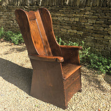 Load image into Gallery viewer, good-example-vernacular-lambing-chair-painted-pine-boarded-paneled-back-shaped-crest-rail-side-wings-generous-shaped-arm-supports-boarded-seat-drawer-under-seat-storage-shepherds-lambing-raked-back-rests-comfortable-side-wings-lancashire-circa-1800-late-C18th-earlyC19th-century-for-sale-damon-blandford-antiques-stow-on-the-wold-cotswolds
