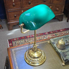Load image into Gallery viewer, Good-quality-early-20th-century-bankers-desk-lamp-constructed-brass-weighted-base-green-white-opaline-glass-shade-pull-switch-excellent-condition-cleaned-re-wired-for-sale-damon-blandford-antiques-stow-on-the-wold-lighting
