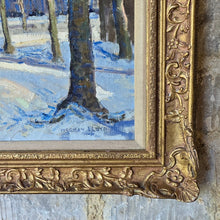 Load image into Gallery viewer, Oil-painting-on-canvas-continental-street-scene-snow-lime-trees-church-Norman-Lloyd-born-Hamilton-New-South-Wales-Australia-Sydney-School-of-Art-Europe-London-Royal Institute-of-Oil-Painters-impressionist-street-scene-Bruges-demonstrates-exceptionally-good-use-of-light-and-colour-signed-gilt-frame-antique-fine-wall-art-antiques-for-sale-damon-blandford-antiques-stow-on-the-wold-cotswolds
