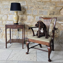 Load image into Gallery viewer, elegant-georgian-mahogany-side-centre-table-frieze-drawer-under-tier-highly-original-condition-fine-furniture-moulded-top-edge-oak-lined-drawers-dovetail-joints-original-brass-drop-handle-shaped-frieze-elegant-proportions-square-legs-concave-shaped-under-tier-sofa-side-table-lamp-table-english-circa-1740&#39;s-for-sale-damon-blandford-antiques-stow-on-the-wold-spaniel-dog-chair-chippendale-lamp

