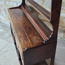Load image into Gallery viewer, good-colour-georgian-welsh-oak-dresser-with-rack-constructed-from-well-figured-timbers-dresser-comprises-three-drawers-above-cupids-bow-shap- frieze-turned-supports-pot-board-excellent-condition-fresh-to-market-attractive-useful-furniture-south-wales-circa-1790-1810-good-original-condition-for-sale-damon-blandford-antiques-stow-on-the-wold
