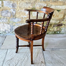 Load image into Gallery viewer, 19th-century-bow-back-armchair-attributed-architect-designer-Edward-William-Godwin-elm-bobbin-turned-supports-well-figured-single-plank-circular-saddled-seat-slab-out-swept-legs-turned-cross-stretchers-centrallyleg-Ruskinian-Gothic-Northampton-Guildhall-excellent-colour-condition-desk-chaie-english-circa-1870-for-sale-damon-blandford-antiques-cotswolds-stow-on-the-wold
