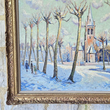 Load image into Gallery viewer, Oil-painting-on-canvas-continental-street-scene-snow-lime-trees-church-Norman-Lloyd-born-Hamilton-New-South-Wales-Australia-Sydney-School-of-Art-Europe-London-Royal Institute-of-Oil-Painters-impressionist-street-scene-Bruges-demonstrates-exceptionally-good-use-of-light-and-colour-signed-gilt-frame-antique-fine-wall-art-antiques-for-sale-damon-blandford-antiques-stow-on-the-wold-cotswolds

