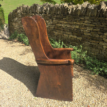 Load image into Gallery viewer, good-example-vernacular-lambing-chair-painted-pine-boarded-paneled-back-shaped-crest-rail-side-wings-generous-shaped-arm-supports-boarded-seat-drawer-under-seat-storage-shepherds-lambing-raked-back-rests-comfortable-side-wings-lancashire-circa-1800-late-C18th-earlyC19th-century-for-sale-damon-blandford-antiques-stow-on-the-wold-cotswolds

