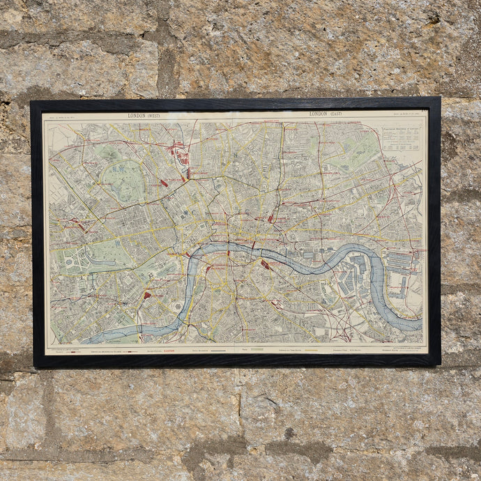 original-colour-map-central-London-by-Letts-Son-&-Co-Ltd-framed-bespoke-black-ash-frame-map-shows-train-lines-stations-postal-boundaries-parks-omnibus-tram-routes-steamboat-piers-routes-detailed-excellent-condition-for-sale-damon-blandford-antiques-stow-on-the-wold-cotswolds-maps-wall-art-decorative-antiques