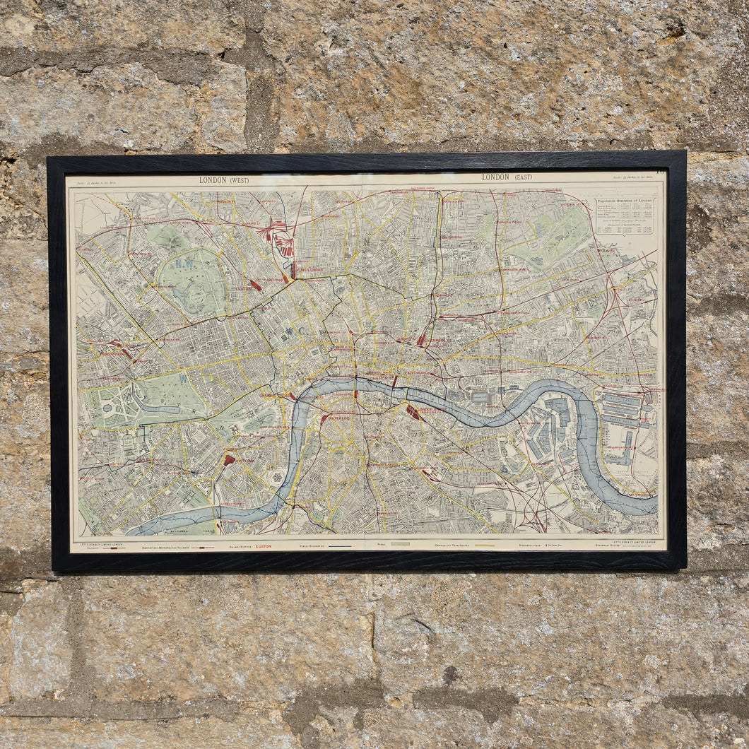 original-colour-map-central-London-by-Letts-Son-&-Co-Ltd-framed-bespoke-black-ash-frame-map-shows-train-lines-stations-postal-boundaries-parks-omnibus-tram-routes-steamboat-piers-routes-detailed-excellent-condition-for-sale-damon-blandford-antiques-stow-on-the-wold-cotswolds-maps-wall-art-decorative-antiques
