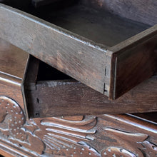 Load image into Gallery viewer, -coffer-bach-welsh-country-furniture-featuring-carved-dragon-highly-decorative-18th-century-welsh-oak-coffer-bach-lid-drawer-fronts-with-moulded-ovolo-edge-storage-space-oak-lined-drawers-overlapping-ovolo-moulding-brass-drop-handles-plinth-base-excellent-condition-for-sale-damon-blandford-antiques-stow-on-the-wold-cotswolds
