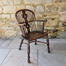 Load image into Gallery viewer, stunning-best-low-yew-wood-windsor-arm-chair-by-allsop-worksop-nottinghamshire-well-figured-burr-yew-christmas-tree-splat-under-cut-arm-bow-well-turned-legs-united-by-crinoline-stretcher-excellent-colour-very-comfortable-rare-four-spindles-for-sale-damon-blandford-antiques-cotswolds-antique-furniture

