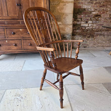 Load image into Gallery viewer, Well-proportioned-windsor-armchair-constructed-in-ash-elm-seat-fruitwood-splat-hoop-stick-back-central-shaped-splat-pierced-decoration-arm-bow-baluster-shape-supports-saddled-seat-turned-legs-H-shape-stretcher-very-comfortable-excellent-solid-condition-Lincolnshire-circa-1860-90-for-sale-damon-blandford-antiques-stow-on-the-wold-anttique-seating
