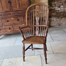 Load image into Gallery viewer, Well-proportioned-windsor-armchair-constructed-in-ash-elm-seat-fruitwood-splat-hoop-stick-back-central-shaped-splat-pierced-decoration-arm-bow-baluster-shape-supports-saddled-seat-turned-legs-H-shape-stretcher-very-comfortable-excellent-solid-condition-Lincolnshire-circa-1860-90-for-sale-damon-blandford-antiques-stow-on-the-wold-anttique-seating
