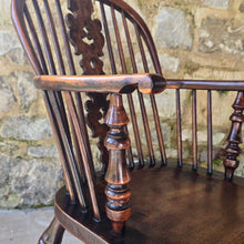 Load image into Gallery viewer, stunning-best-low-yew-wood-windsor-arm-chair-by-allsop-worksop-nottinghamshire-well-figured-burr-yew-christmas-tree-splat-under-cut-arm-bow-well-turned-legs-united-by-crinoline-stretcher-excellent-colour-very-comfortable-rare-four-spindles-for-sale-damon-blandford-antiques-cotswolds-antique-furniture
