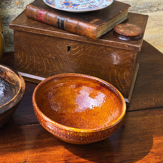 great-colour-studio-pottery-bowl-peter-dick-coxwold-pottery-north-yorkshire-20th-century-attractive-bowl-vibrant-treacle-colour-glaze-textured-surface-variations-in-colour-excellent-condition-impressed-mark-to-foot-for-sale-damon-blandford-antiques-cotswolds