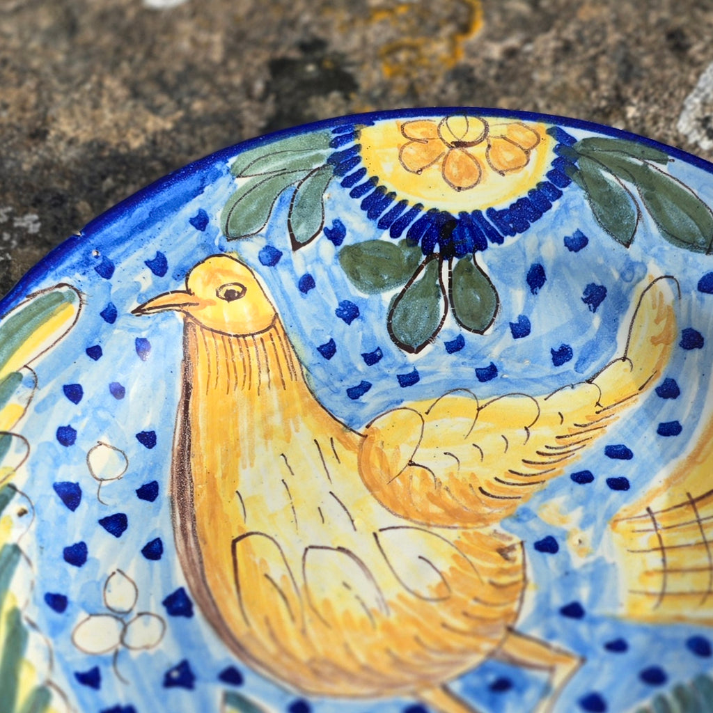 Nicely-decorated-late-19th-century-polychrome-plate-province-of-valencia-spain-hand-painted-decoration-features-dove-signed-initials-S.A.-verso-Manises-baroque-good-original-condition-for-sale-damon-blandford-antiques-stow-on-the-wold